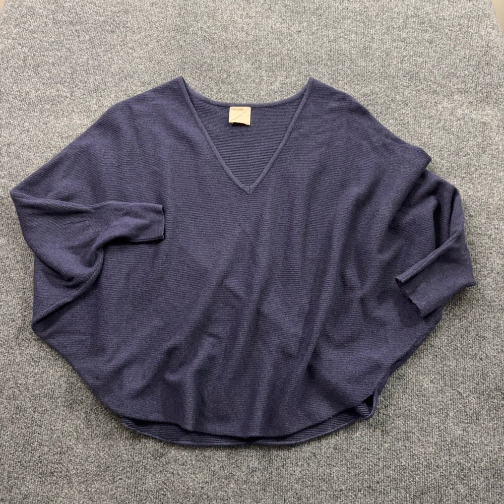 Kerisma Ryu V Neck Sweater S/M Navy Ribbed Batwing Knit Lagenlook Minimalist
